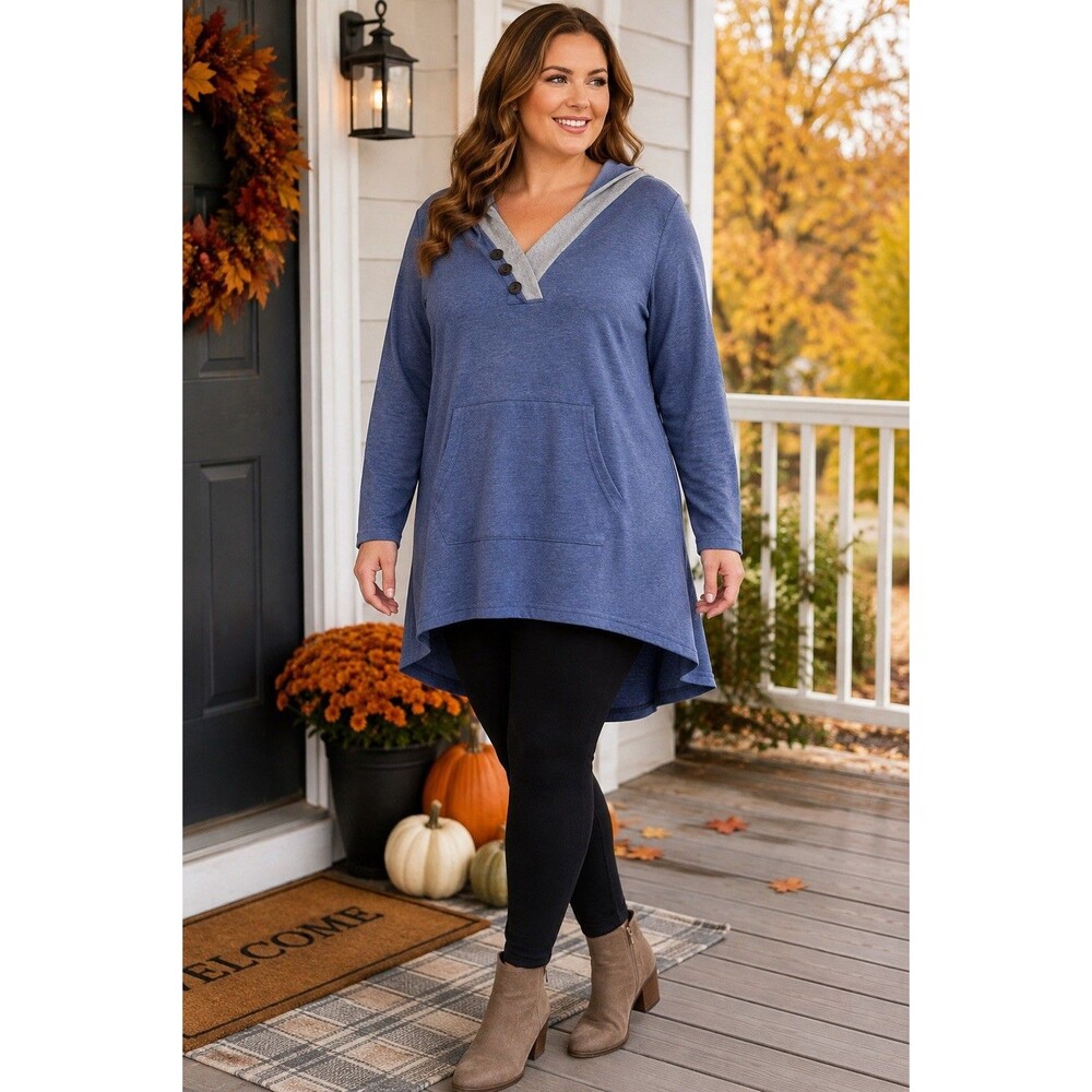 Miusey 2XL Blue Gray Hooded Tunic Sweater High Low Kangaroo Pocket Button Top 2X